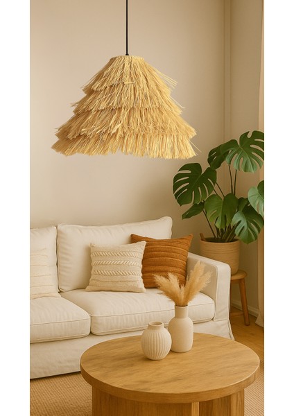 El Yapımı Konik Saçaklı Rafya Hasır Bohem Rustik Avize Kafe, Balkon, Salon Sarkıt Avize (40CM) fiyatları