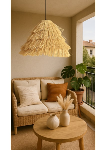 El Yapımı Konik Saçaklı Rafya Hasır Bohem Rustik Avize Kafe, Balkon, Salon Sarkıt Avize (40CM) modelleri