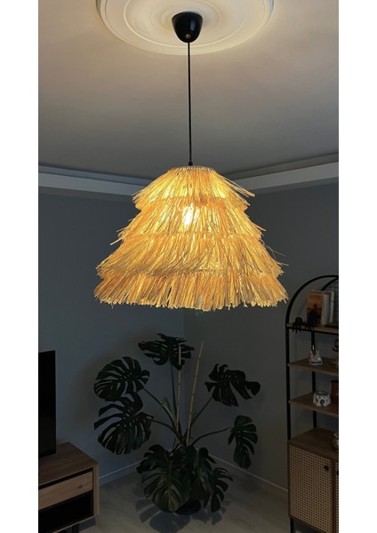 El Yapımı Konik Saçaklı Rafya Hasır Bohem Rustik Avize Kafe, Balkon, Salon Sarkıt Avize (40CM) indirimleri