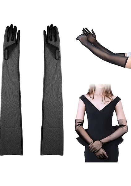 Uzun Boy Likralı Siyah Renk Yetişkin Tül Eldiven 53 cm fiyatları
