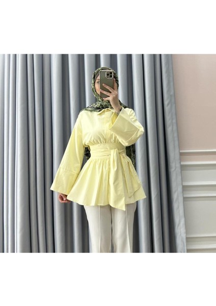 Kadın Poplin Belden Kuşaklı Büzgülü Uzun Gömlek M2554 - Sarı