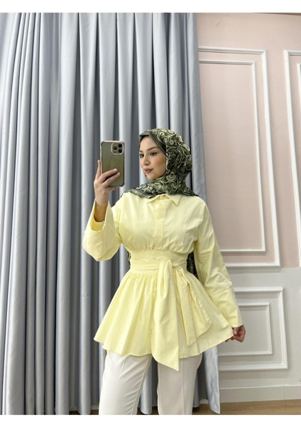Kadın Poplin Belden Kuşaklı Büzgülü Uzun Gömlek M2554 - Sarı fiyatları