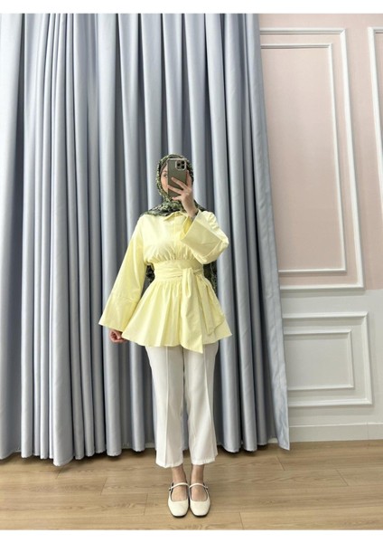 Kadın Poplin Belden Kuşaklı Büzgülü Uzun Gömlek M2554 - Sarı modelleri