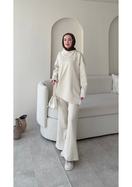 Kadın Taşlı Şal Yaka Ikili Scuba Takım M7083 - Bej