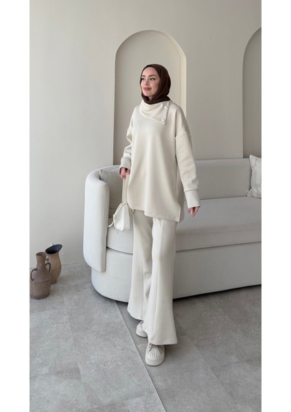 Kadın Taşlı Şal Yaka Ikili Scuba Takım M7083 - Bej modelleri