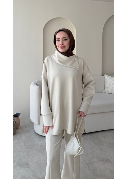 Kadın Taşlı Şal Yaka Ikili Scuba Takım M7083 - Bej fırsatları