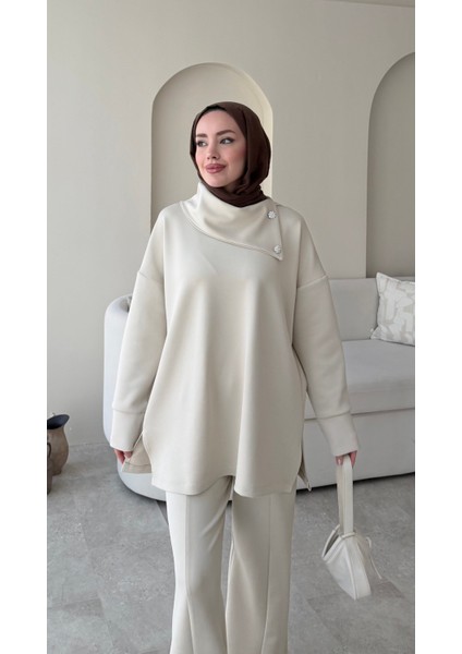 Kadın Taşlı Şal Yaka Ikili Scuba Takım M7083 - Bej indirimleri