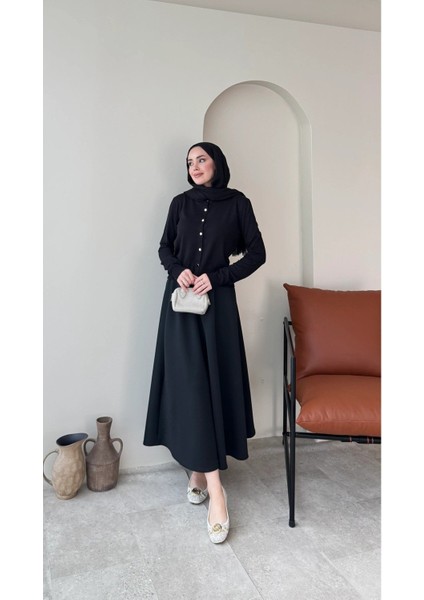 Kadın Beli Lastikli Scuba Kloş Etek M7056 - Siyah