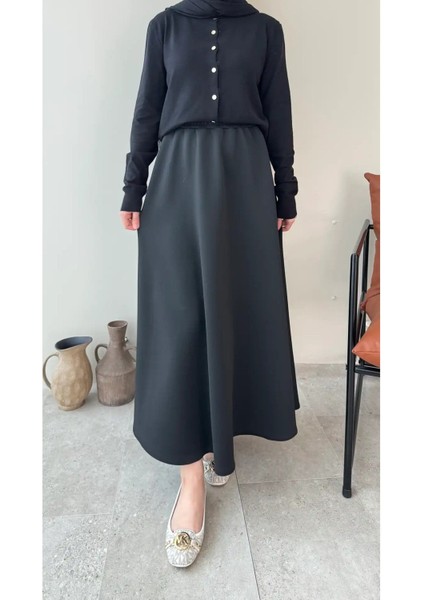 Kadın Beli Lastikli Scuba Kloş Etek M7056 - Siyah modelleri