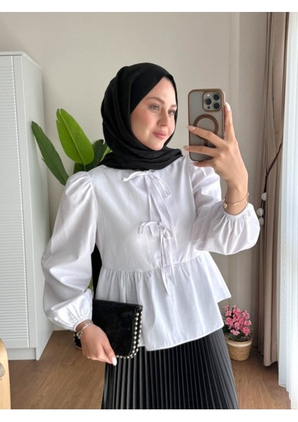 Kadın Balon Kol Etek Üstü Gömlek M1111 - Beyaz
