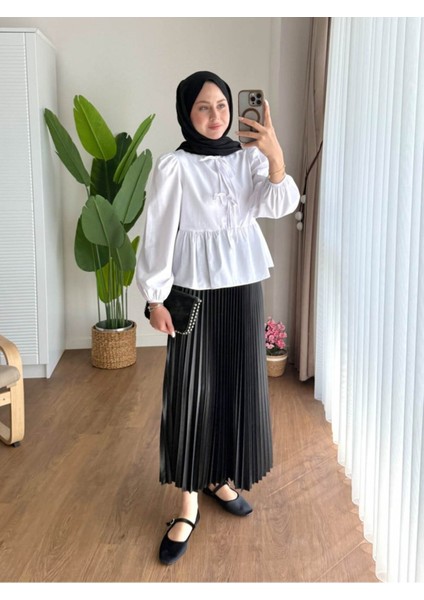 Kadın Balon Kol Etek Üstü Gömlek M1111 - Beyaz modelleri