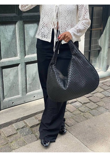 Lena Siyah Kadın Örgü Detay Büyük Boy Omuz ve Tote Çanta Günlük Geniş Hacimli fiyatları