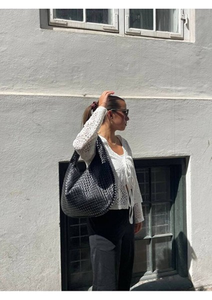 Lena Siyah Kadın Örgü Detay Büyük Boy Omuz ve Tote Çanta Günlük Geniş Hacimli modelleri