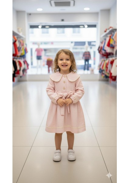 Kız Çocuk Dantel Detaylı Yakalı Bel Bağlamalı Keten Kumaş Elbise fiyatları