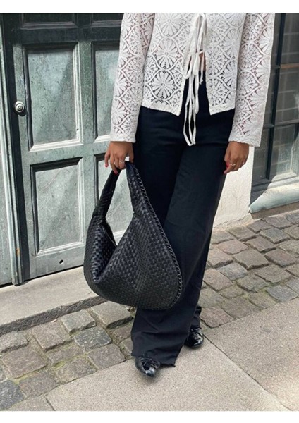 Lena Siyah Kadın Örgü Detay Büyük Boy Omuz ve Tote Çanta Günlük Geniş Hacimli indirimleri