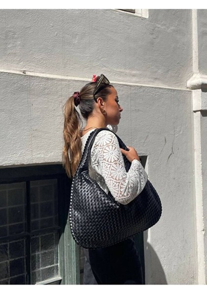 Lena Siyah Kadın Örgü Detay Büyük Boy Omuz ve Tote Çanta Günlük Geniş Hacimli