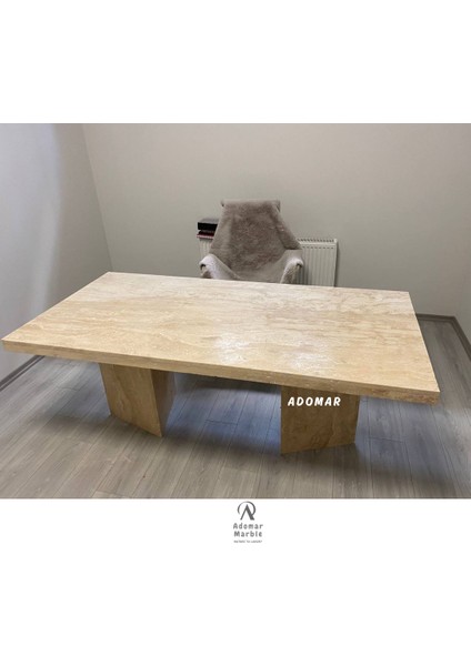 Traverten Ofis Masası, Üçgen Yemek Masası, Gerçek Traverten, Özel Ölçü