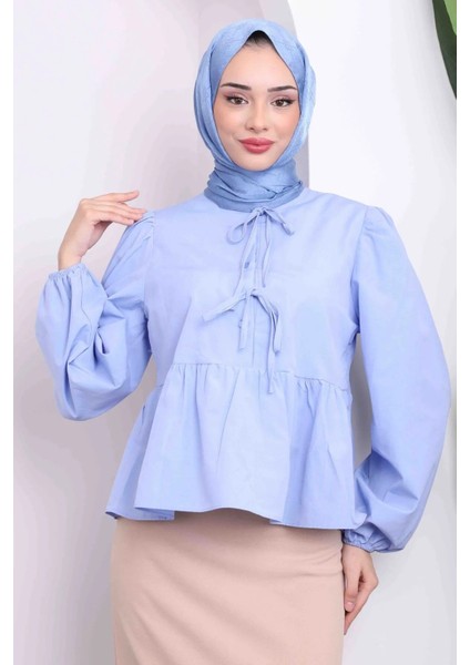 Kadın Balon Kol Etek Üstü Gömlek M1111 - Bebe Mavisi fiyatları