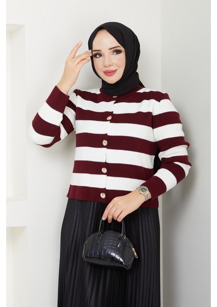 Kadın Düğme Detaylı Çizgili Etek Üstü Triko Hırka Bordo Tesettür