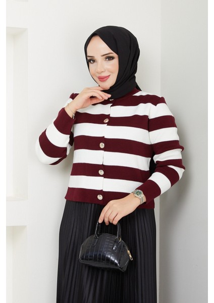Kadın Düğme Detaylı Çizgili Etek Üstü Triko Hırka Bordo Tesettür fiyatları