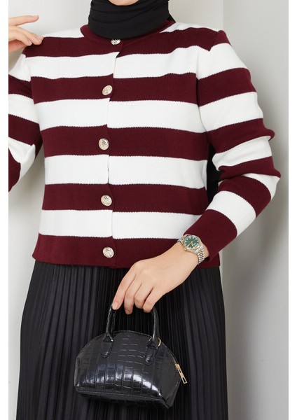 Kadın Düğme Detaylı Çizgili Etek Üstü Triko Hırka Bordo Tesettür modelleri