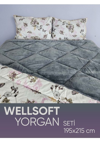 Çift Taraflı Pamuklu Peluş Gri 2 Adet Yastık Kılıfı Wellsoft Yorgan Seti