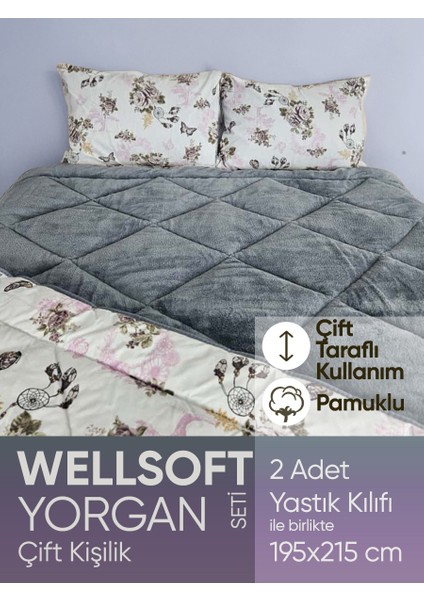 Çift Taraflı Pamuklu Peluş Gri 2 Adet Yastık Kılıfı Wellsoft Yorgan Seti fiyatları