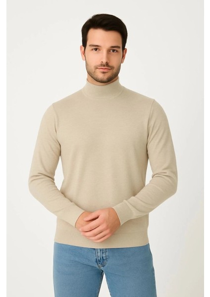 Erkek Yarım Boğaz Triko Kazak Yumuşak Dokulu Pamuklu Ince Dokuma, Uzun Kollu Rahat Regular Kalıp - Bej