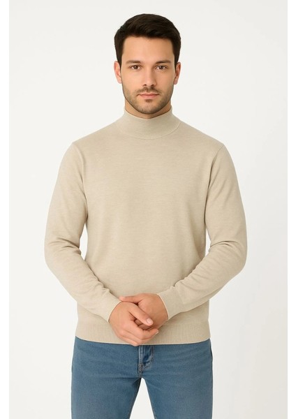Erkek Yarım Boğaz Triko Kazak Yumuşak Dokulu Pamuklu Ince Dokuma, Uzun Kollu Rahat Regular Kalıp - Bej fiyatları
