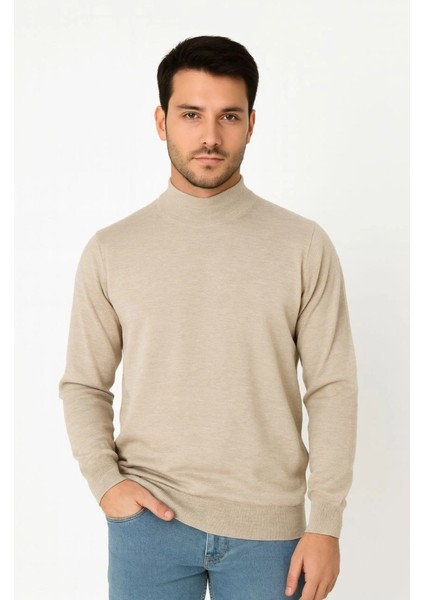 Erkek Yarım Boğaz Triko Kazak Yumuşak Dokulu Pamuklu Ince Dokuma, Uzun Kollu Rahat Regular Kalıp - Bej modelleri