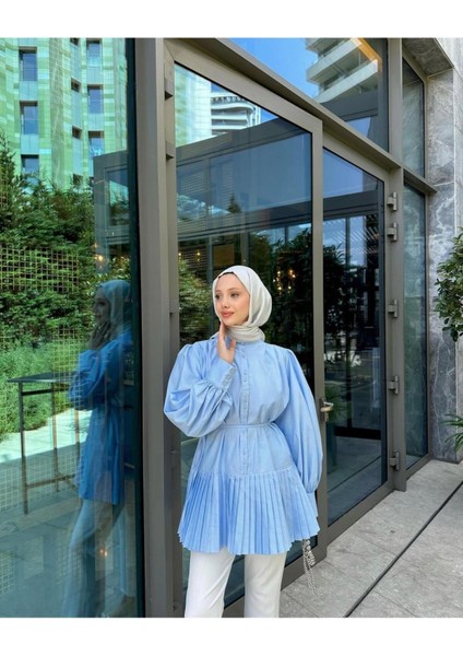 Kadın Piliseli Belden Bağlamalı Piliseli Gömlek M3000 - Bebe Mavisi