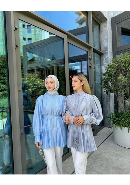 Kadın Piliseli Belden Bağlamalı Piliseli Gömlek M3000 - Bebe Mavisi fiyatları