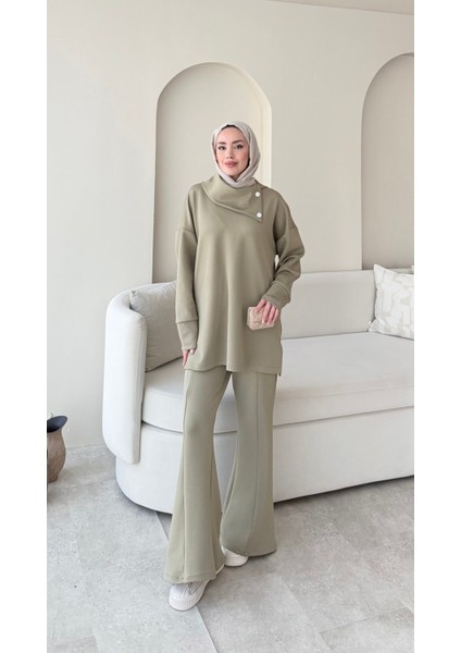 Kadın Taşlı Şal Yaka Ikili Scuba Takım M7083 - Yesil