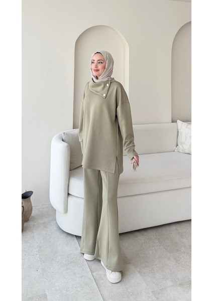 Kadın Taşlı Şal Yaka Ikili Scuba Takım M7083 - Yesil fiyatları