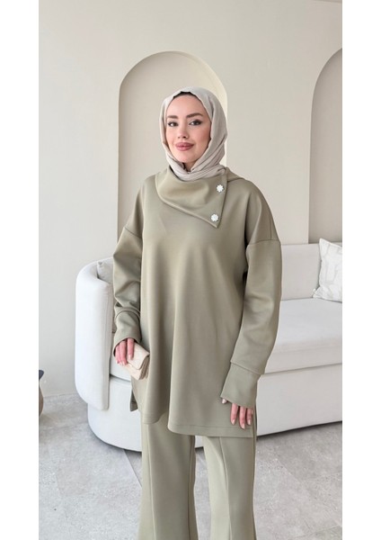 Kadın Taşlı Şal Yaka Ikili Scuba Takım M7083 - Yesil modelleri