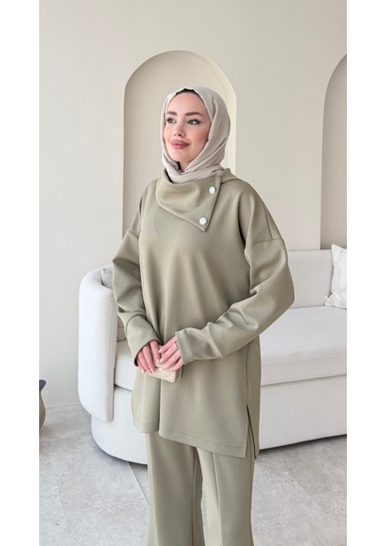 Kadın Taşlı Şal Yaka Ikili Scuba Takım M7083 - Yesil fırsatları