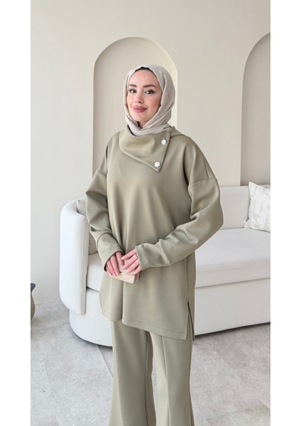 Kadın Taşlı Şal Yaka Ikili Scuba Takım M7083 - Yesil