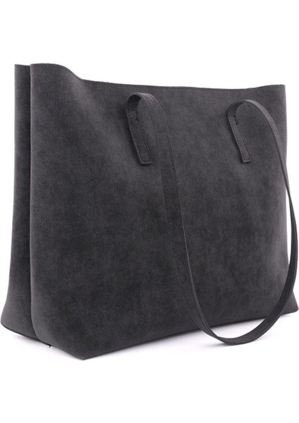 Lune Kadın Nubuk Su Geçirmez Büyük Boy Geniş Hacimli El ve Omuz Çantası Siyah