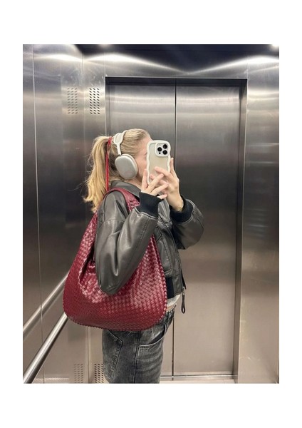 Bordo Örgü Model El ve Omuz Çantası Botte Desen Orta Boy
