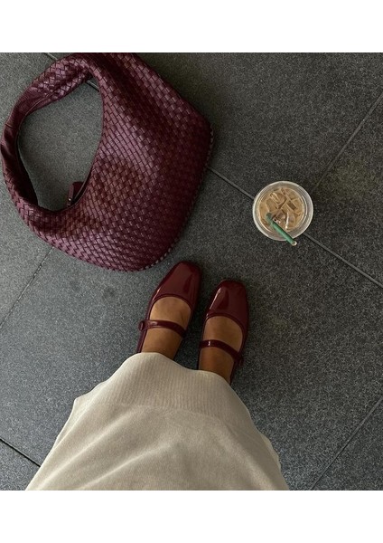 Bordo Örgü Model El ve Omuz Çantası Botte Desen Orta Boy modelleri