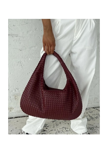 Bordo Örgü Model El ve Omuz Çantası Botte Desen Orta Boy fırsatları