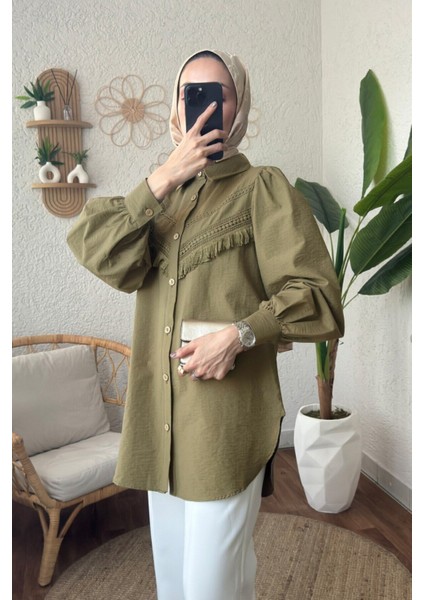 Kadın Tesettür Dantel Detay Balon Kol Gömlek