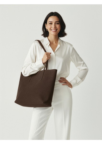 Lune Kadın Nubuk Su Geçirmez Büyük Boy Geniş Hacimli El ve Omuz Çantası Kahverengi