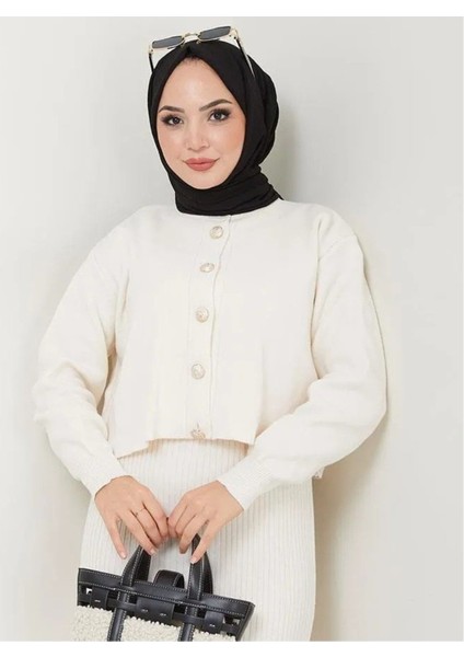 Kadın Düğme Detaylı Düz Etek Üstü Triko Hırka Ekru Tesettür