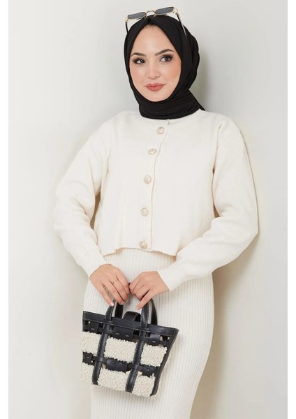 Kadın Düğme Detaylı Düz Etek Üstü Triko Hırka Ekru Tesettür fiyatları
