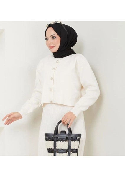 Kadın Düğme Detaylı Düz Etek Üstü Triko Hırka Ekru Tesettür modelleri