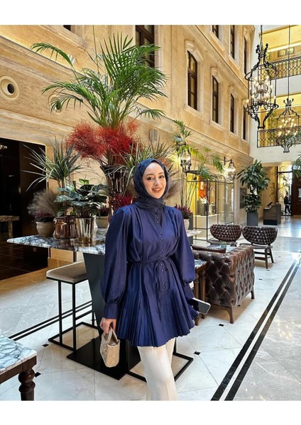 Kadın Piliseli Belden Bağlamalı Piliseli Gömlek M3000 - Bebe Mavisi