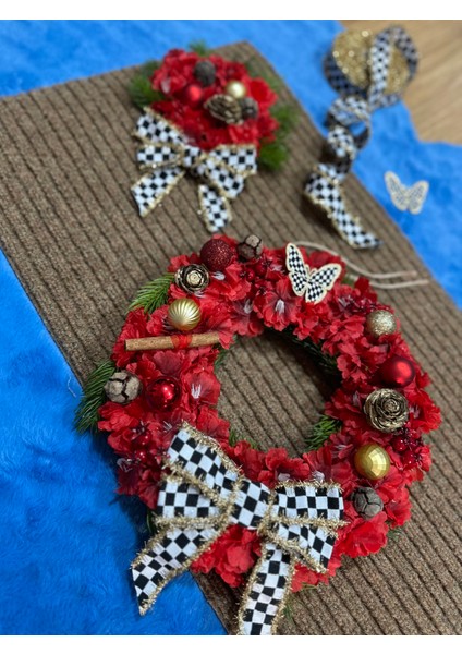 Kapı Süsü Yılbaşı Konsept Kırmızı Kapı Önü Paspası