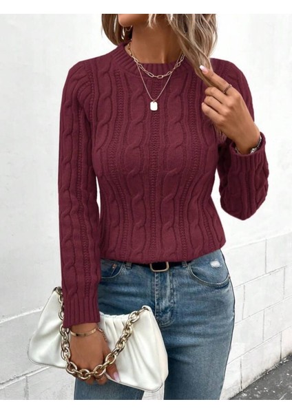 Bisiklet Yaka Saç Örgü Desen Kadın Triko Kazak