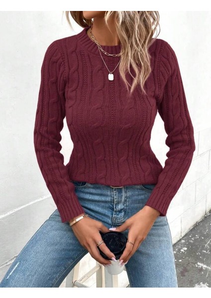 Bisiklet Yaka Saç Örgü Desen Kadın Triko Kazak modelleri